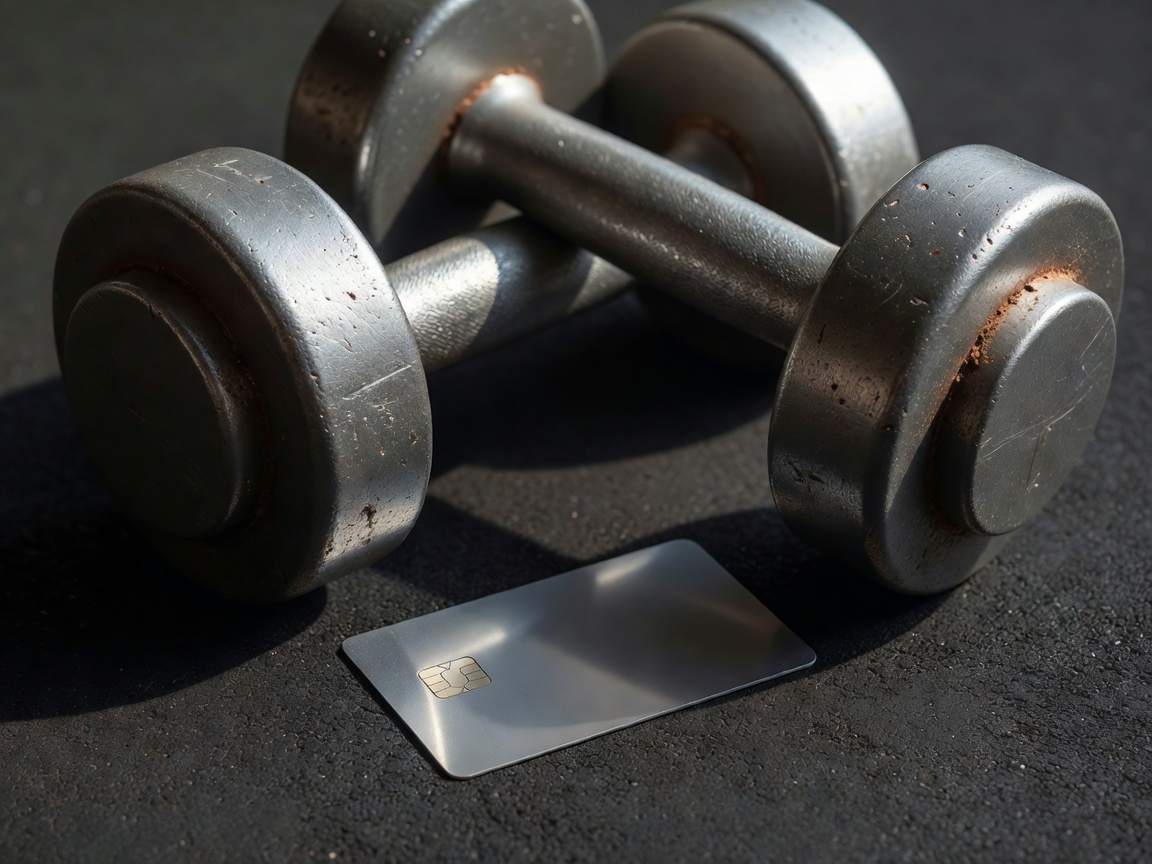 Detail view of iron dumbbells and a credit card